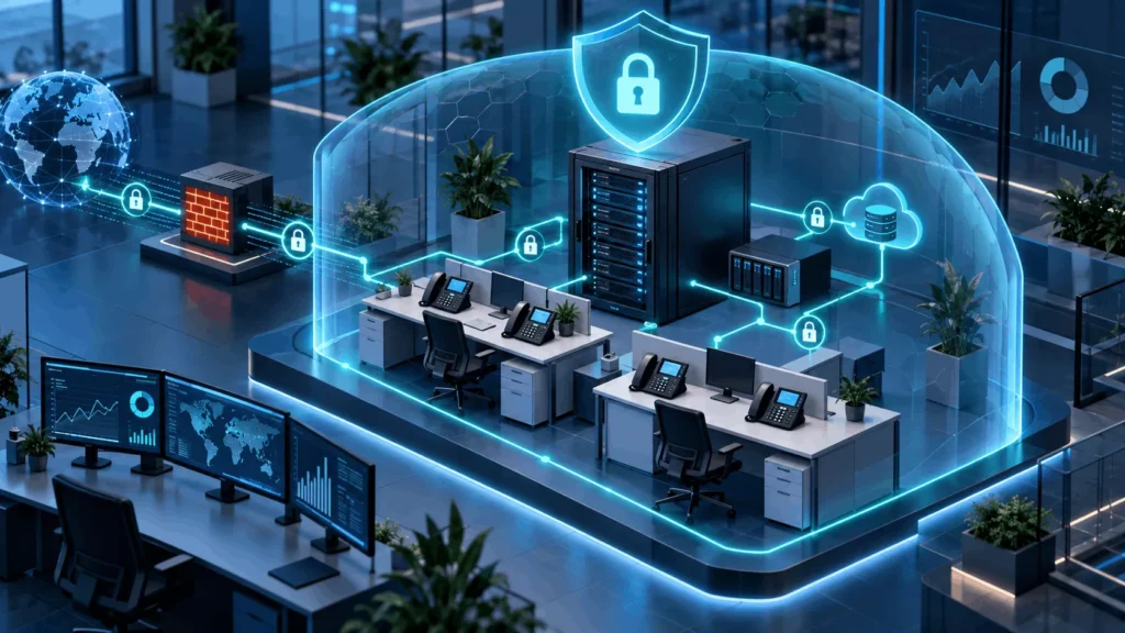 اجزای اصلی سیستم VoIP سازمانی شامل تلفن IP، سوئیچ PoE و مرکز تلفن